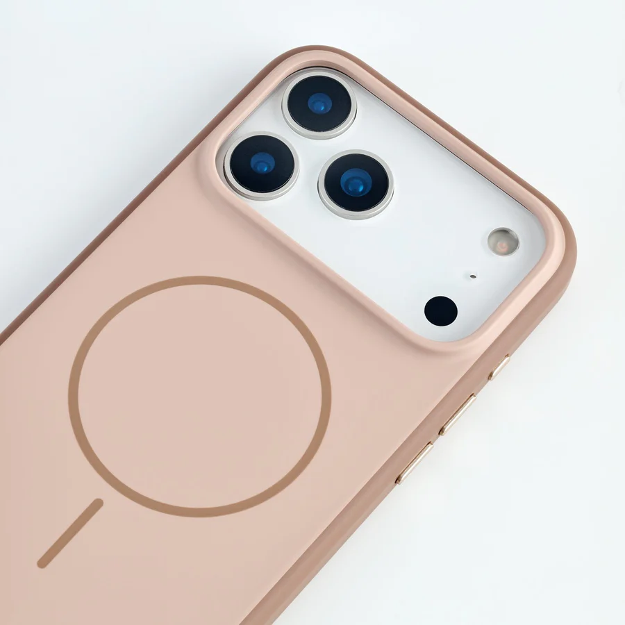 Beige TecHub OKOZ luxury liquid silicone TPU MagSafe case for iPhone 17 Pro, showing smooth, flexible material and precise cutouts.