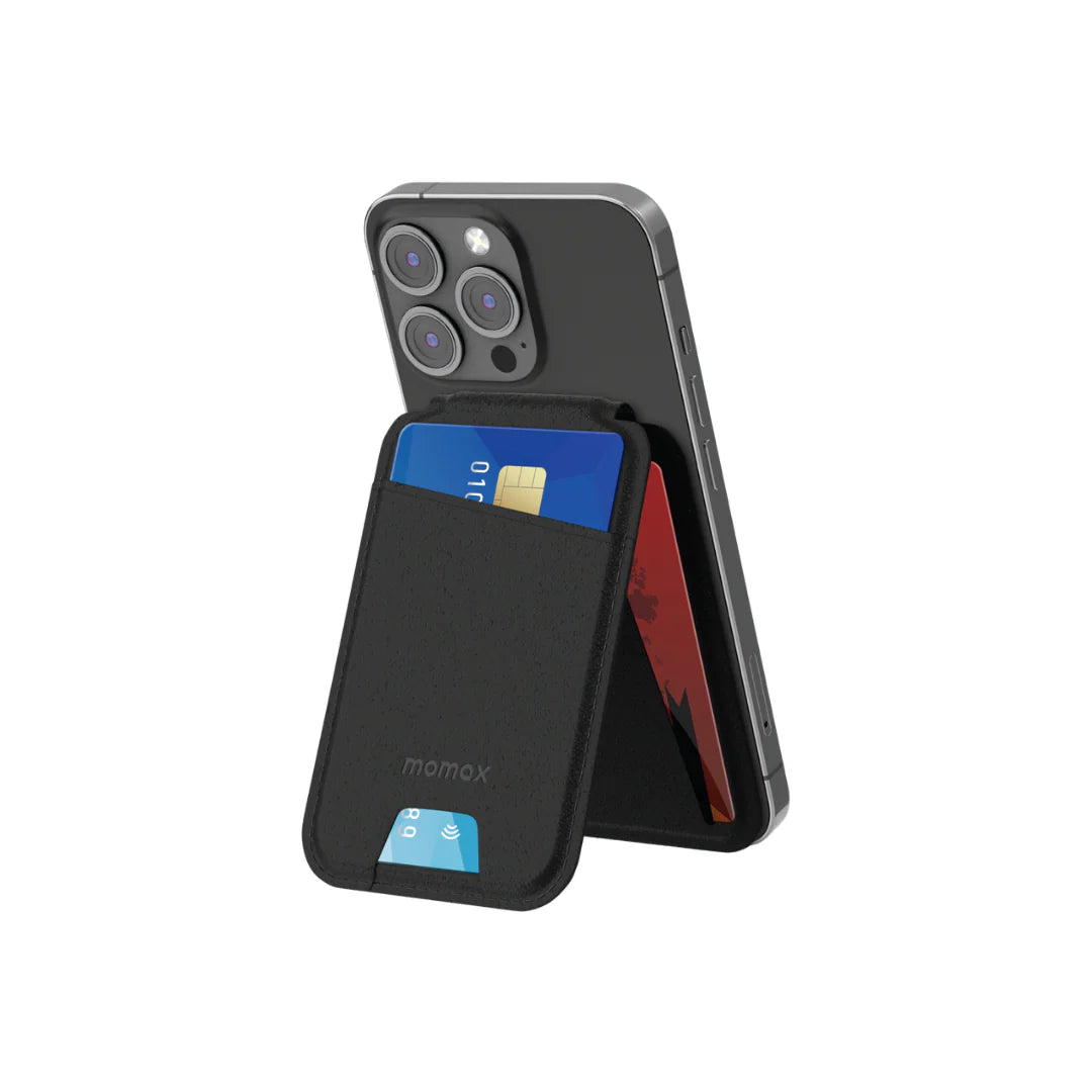 Momax 1-Wallet magnetic card holder with adjustable stand in black, featuring sleek design and convenient storage for credit cards.