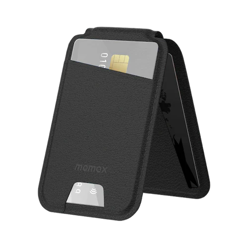Momax 1-Wallet magnetic card holder with adjustable stand in black, featuring sleek design and convenient storage for cards.