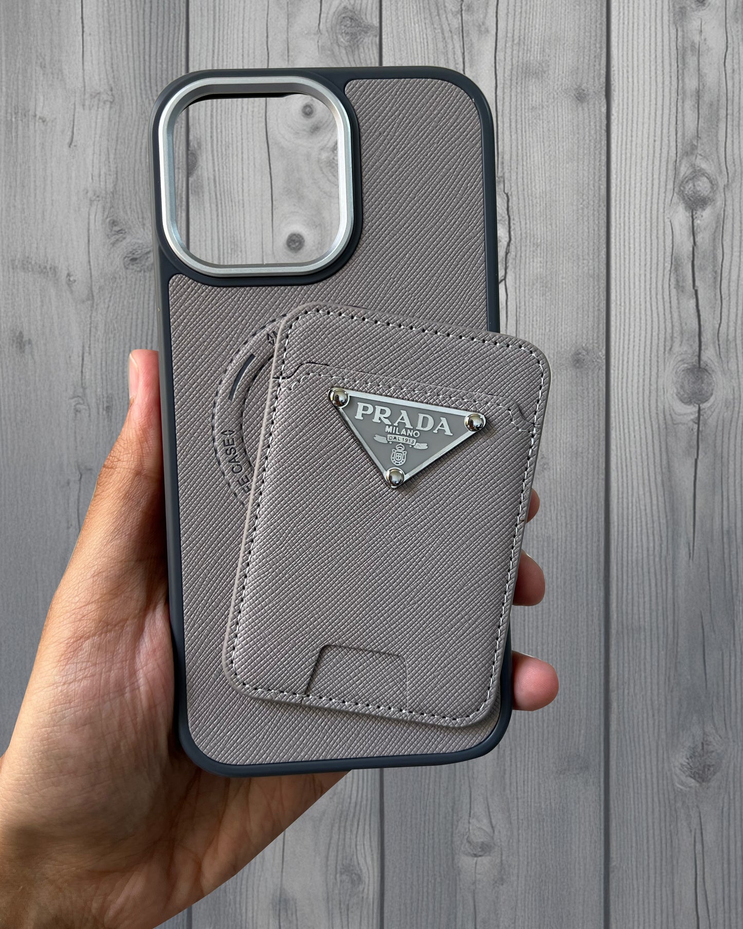 Prada Luxury Leather Case with MagSafe Wallet for iPhone 15 - Grey
