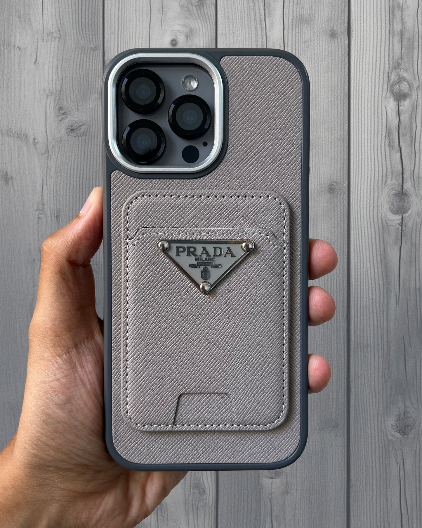 Prada Luxury Leather Case with MagSafe Wallet for iPhone 15 - Grey