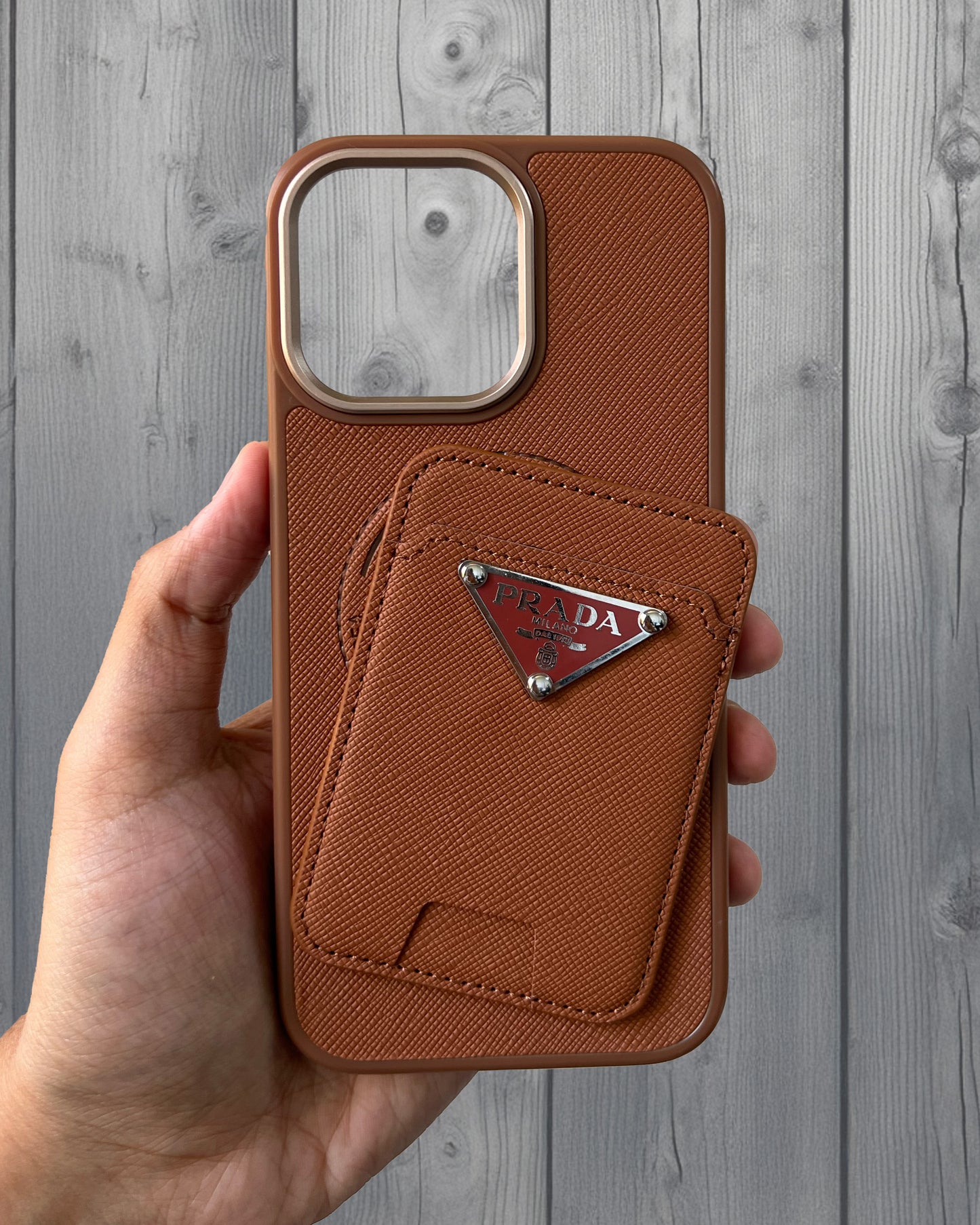 Prada Luxury Leather Case with MagSafe Wallet for iPhone 16 Pro Max - Brown