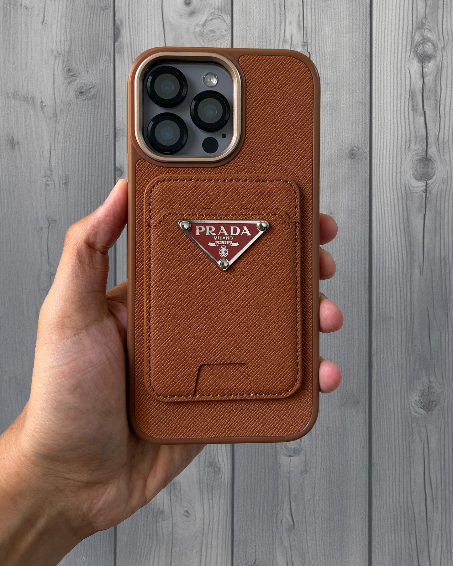 Prada Luxury Leather Case with MagSafe Wallet for iPhone 16 Pro Max - Brown