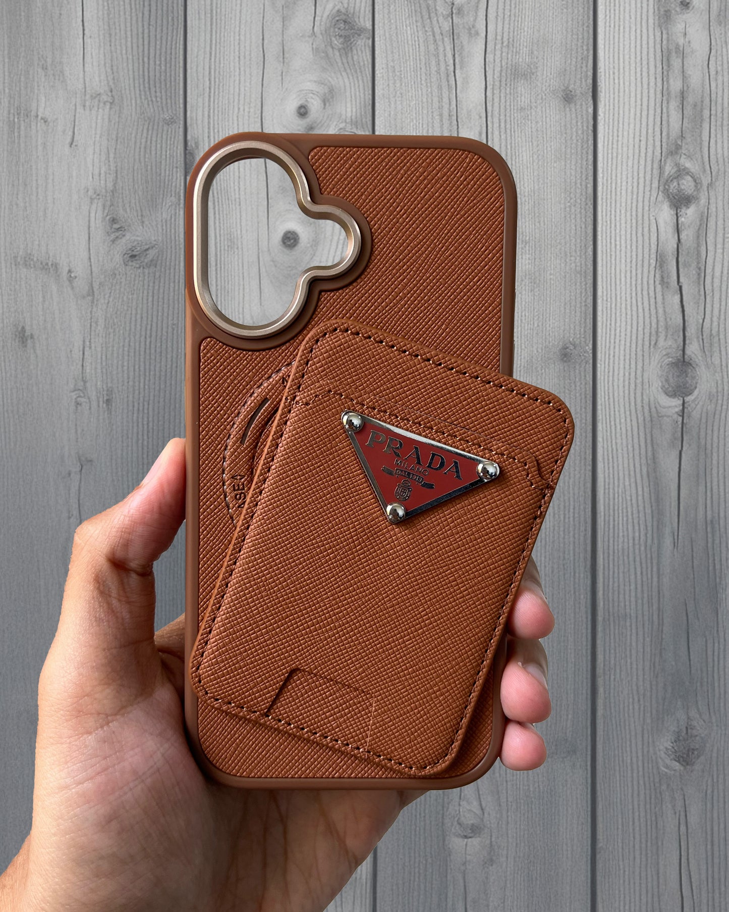 Prada Luxury Leather Case with MagSafe Wallet for iPhone 16 - Brown