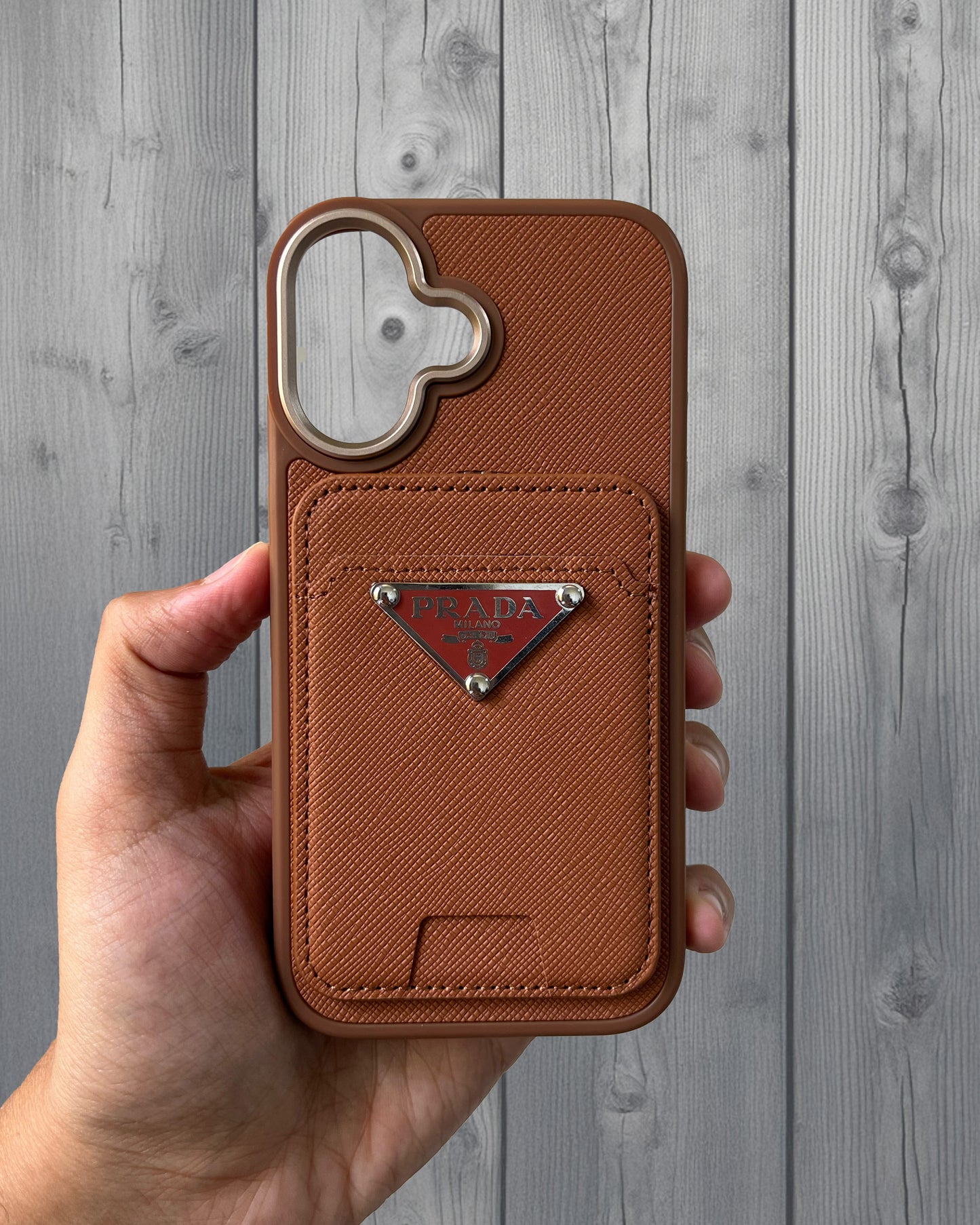 Prada Luxury Leather Case with MagSafe Wallet for iPhone 16 - Brown