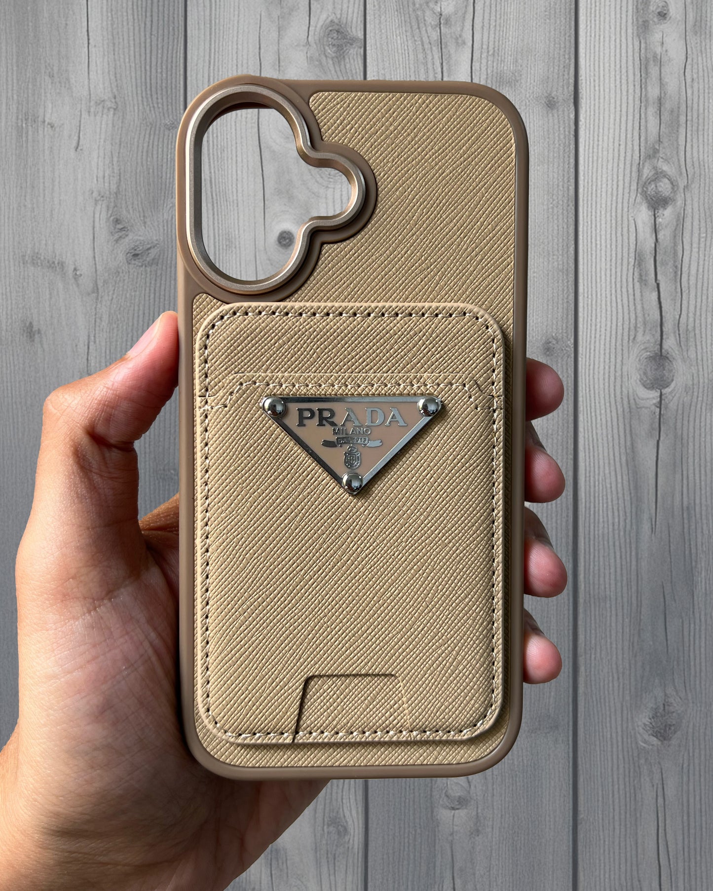 Prada Luxury Leather Case with MagSafe Wallet for iPhone 16 - Gold