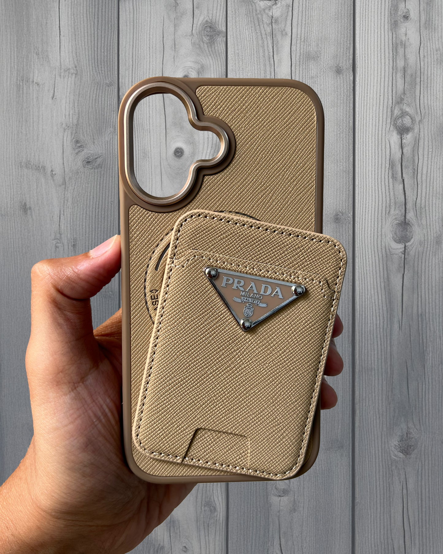 Prada Luxury Leather Case with MagSafe Wallet for iPhone 16 - Gold