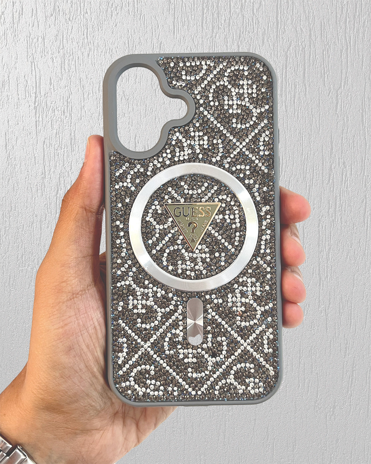 Guess Luxury Strass Case with MagSafe Wallet for iPhone 16 - Grey