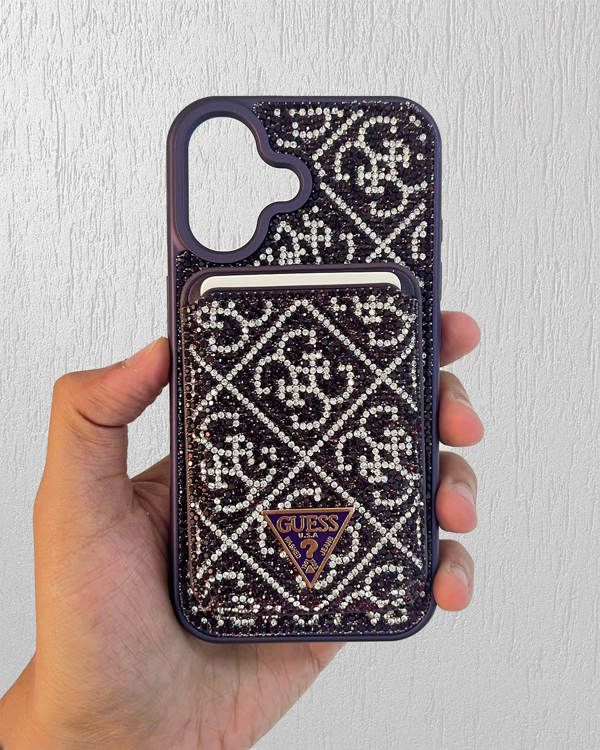 Guess Luxury Strass Case with MagSafe Wallet for iPhone 16 - Purple