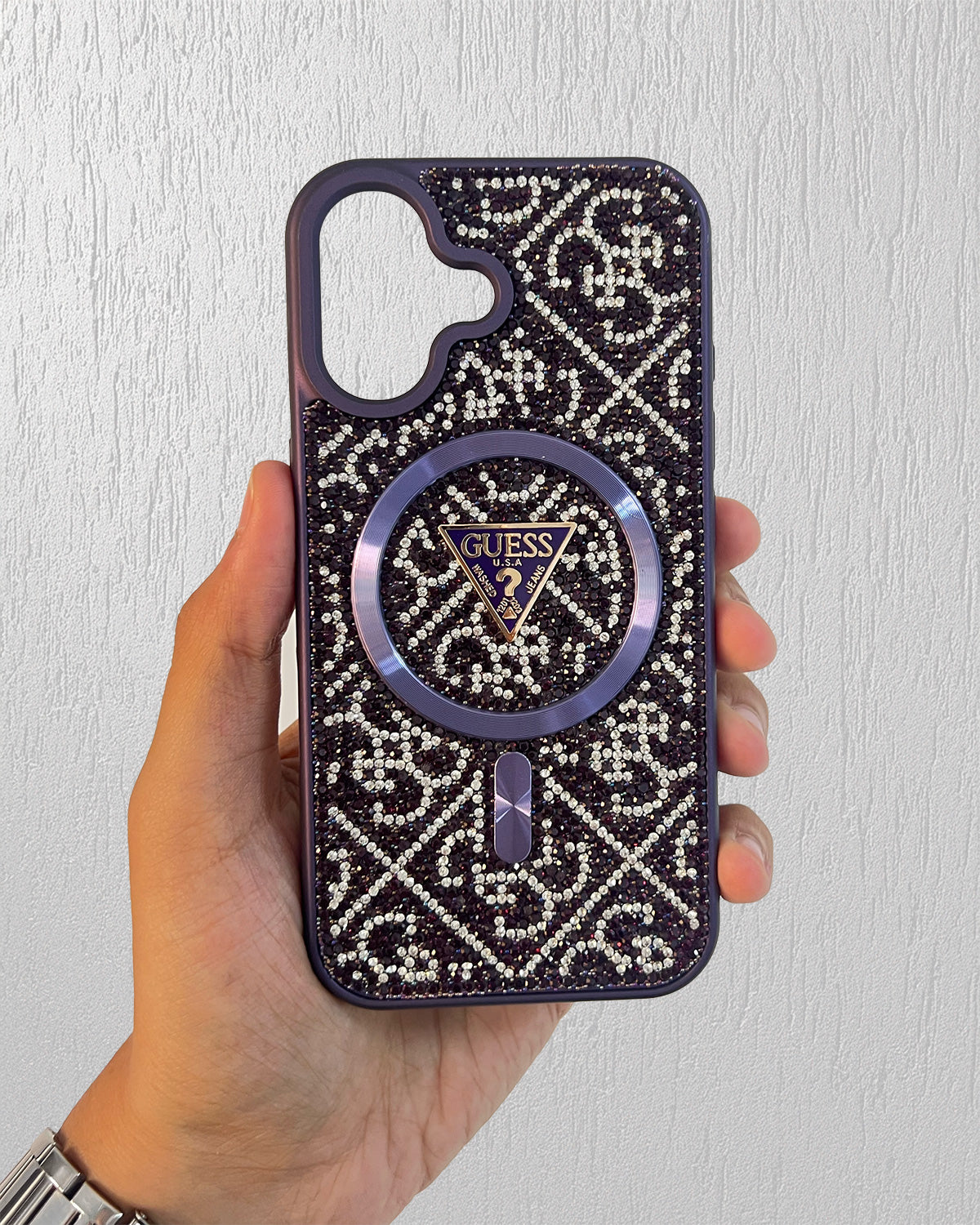 Guess Luxury Strass Case with MagSafe Wallet for iPhone 16 - Purple