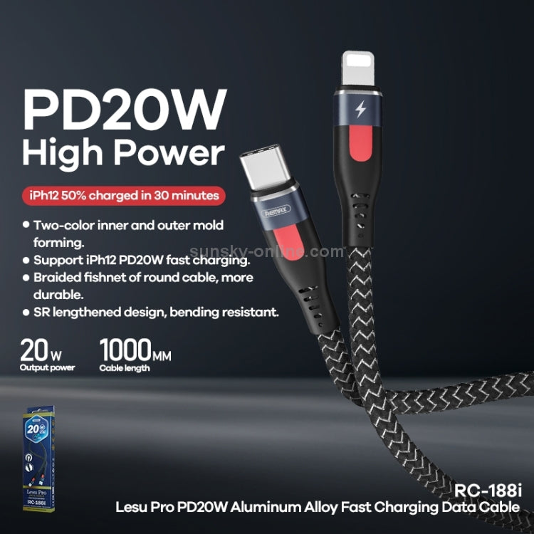 REMAX RC-188i Lesu Pro 1m PD20W Type-C to iPhone Aluminum Alloy Braid Fast Charging Data Cable - Black