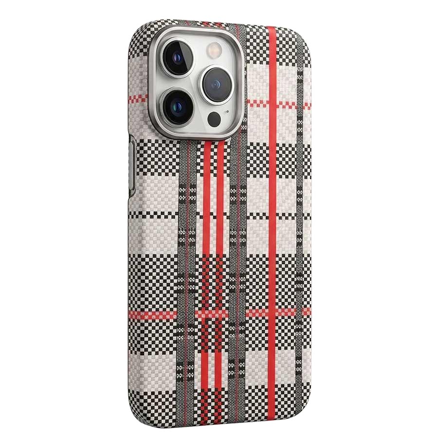 Red and blue carbon fiber MagSafe case for iPhone 15 Pro Max, premium protective cover with sleek design and precise cutouts.