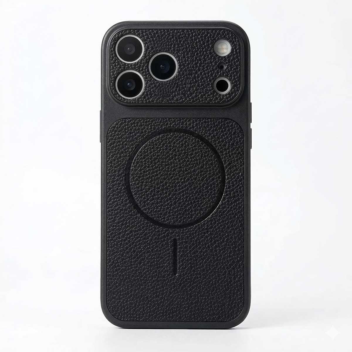 TecHub MMKIO PU leather MagSafe case for iPhone 17 Pro, showing the smooth black leather exterior and precise camera cutout.