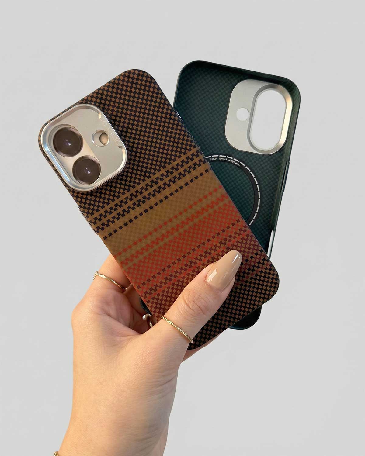 TecHub KVZV woven color pattern MagSafe case in orange for iPhone 17, featuring a vibrant, textured woven design.