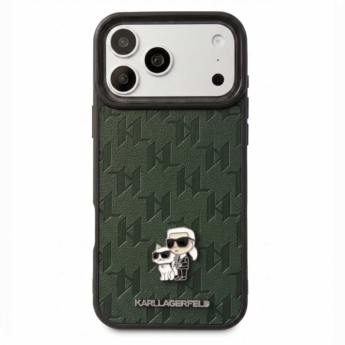 Karl Lagerfeld leather unisex iPhone 17 Pro Max case with sleek design and textured finish, shown on a white background.