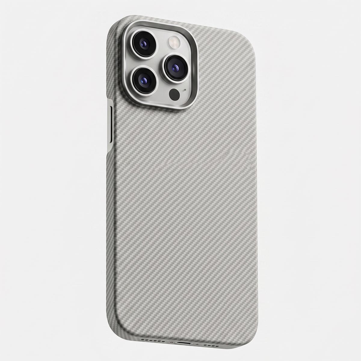 TecHub Pitakuka ultra-slim woven case for iPhone 16 Pro Max in light grey, showing textured woven design and precise cutouts.