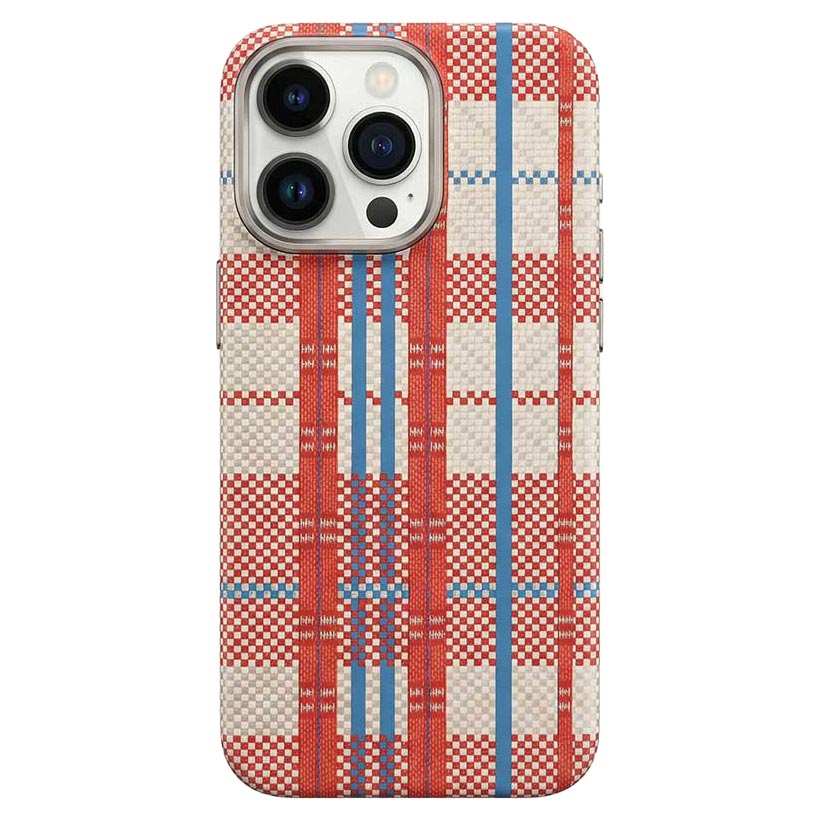Red and blue carbon fiber MagSafe case for iPhone 15 Pro Max, slim and protective design with precise cutouts.