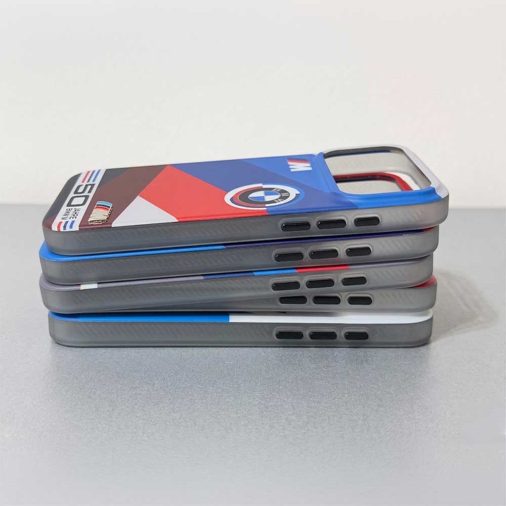 TecHub BMW silicone matte shockproof case with metal emblem for iPhone 17 Pro Max, showing the sleek design and textured surface.