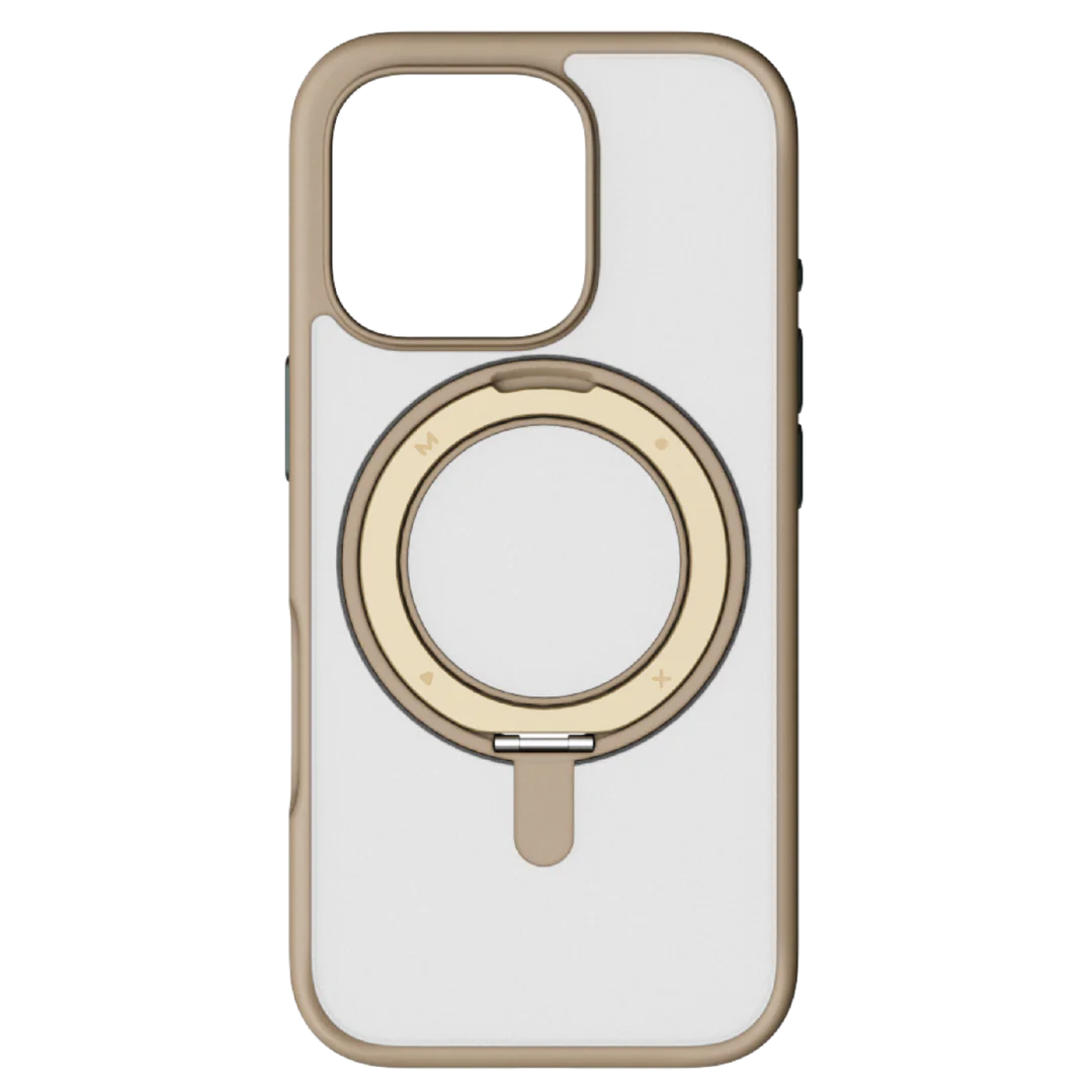 Momax CaseForm reinforced MagSafe case in titanium gold for iPhone 16 Pro Max, showing the sleek, durable design with magnetic alignment.