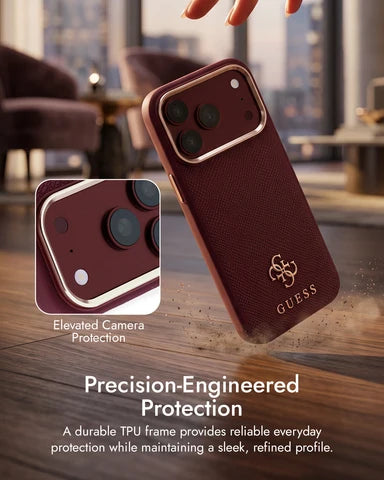 Guess Magsafe PU Stripe Hard Case With Saffiano PU Logo for iPhone 17/18 Pro Max - Burgundy