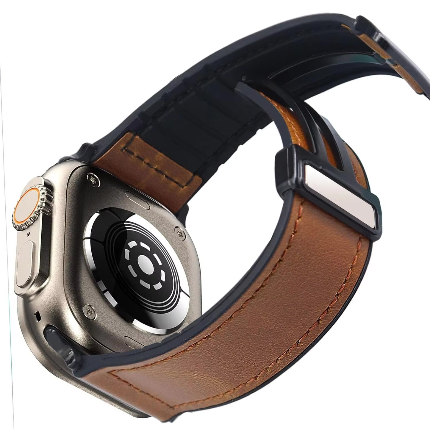 Army green magnetic leather band strap for Apple Watch 42-49mm, compatible with various case sizes, stylish and secure.