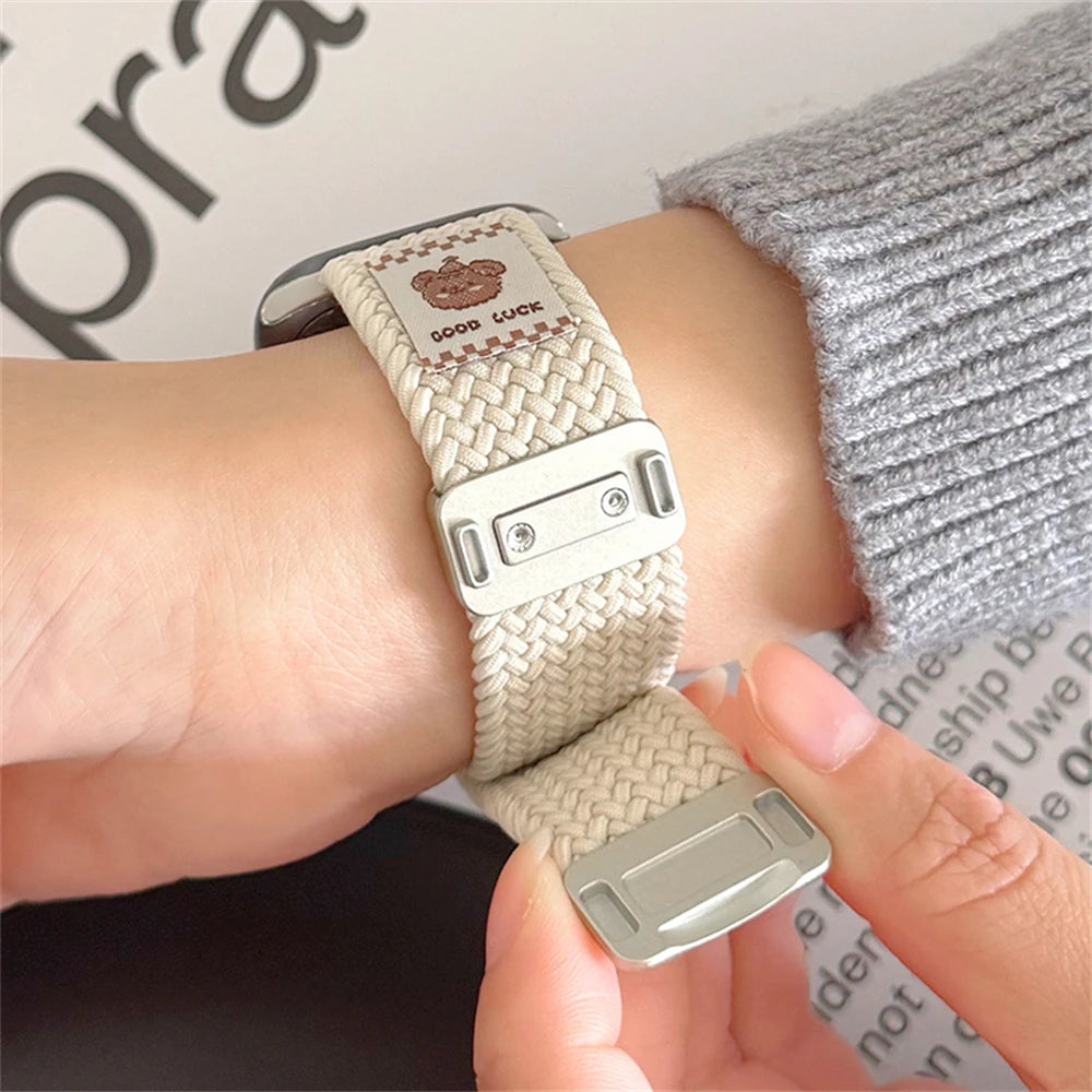 Cartoon Bear Braid Nylon Magnetic Buckle Strap for Apple Watch 42/44/45/46/49 mm