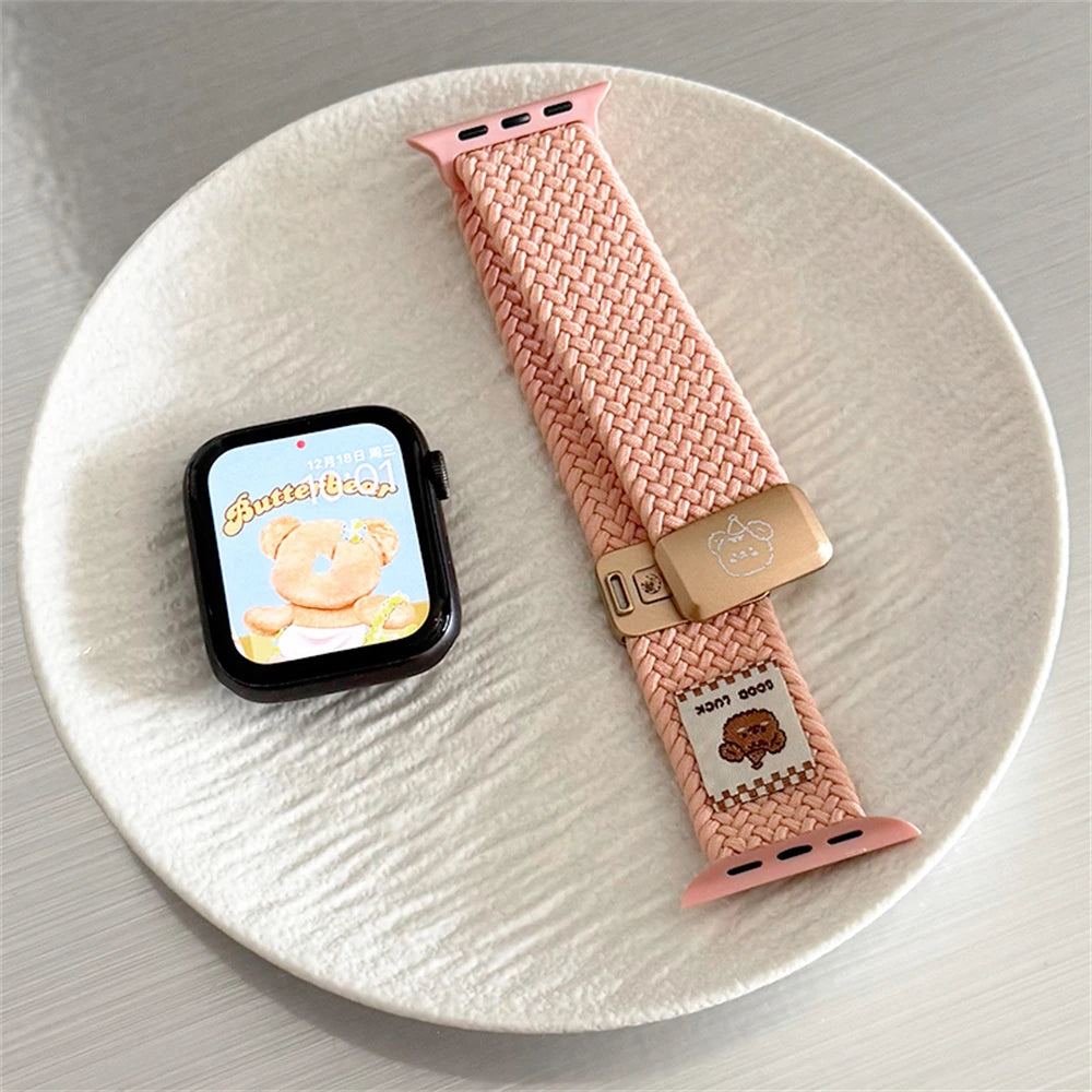 Cartoon Bear Braid Nylon Magnetic Buckle Strap for Apple Watch 42/44/45/46/49 mm