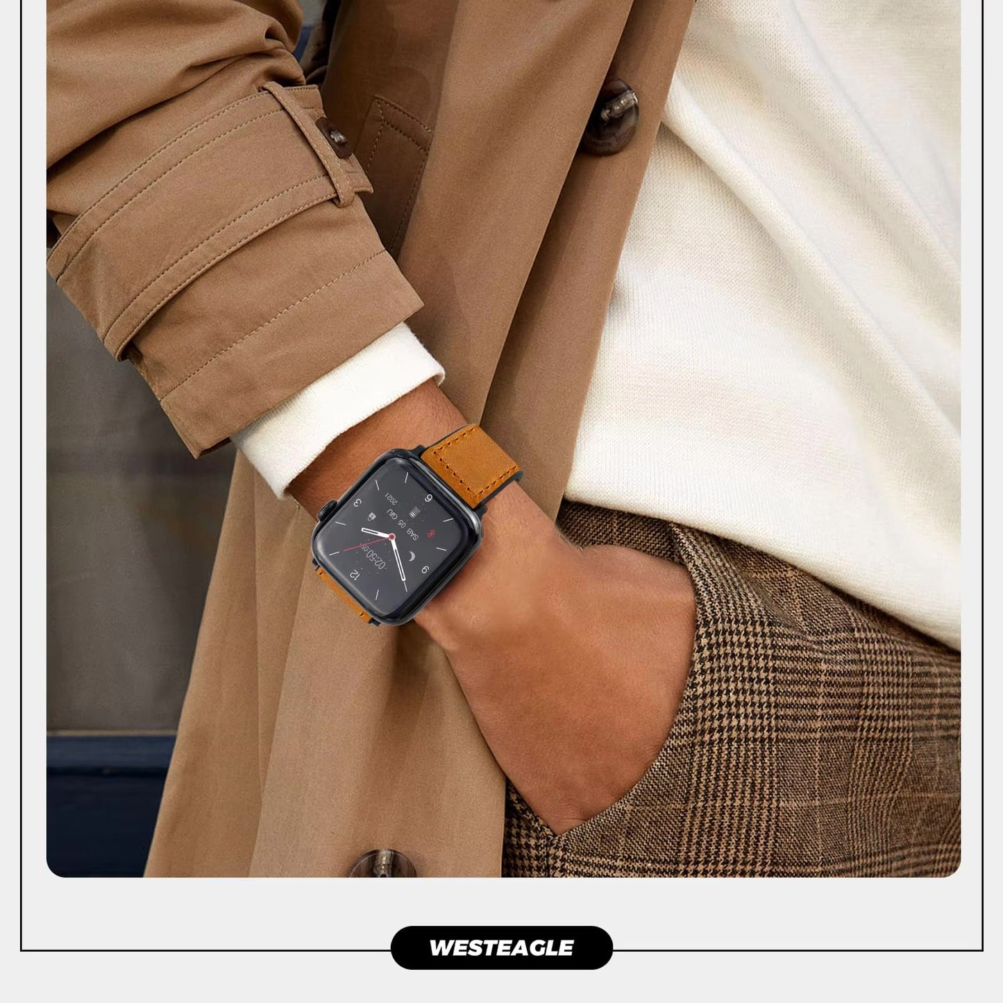 Magnetic leather strap in army green for Apple Watch 42mm to 49mm, showcasing the strap with magnetic closure and textured leather finish.