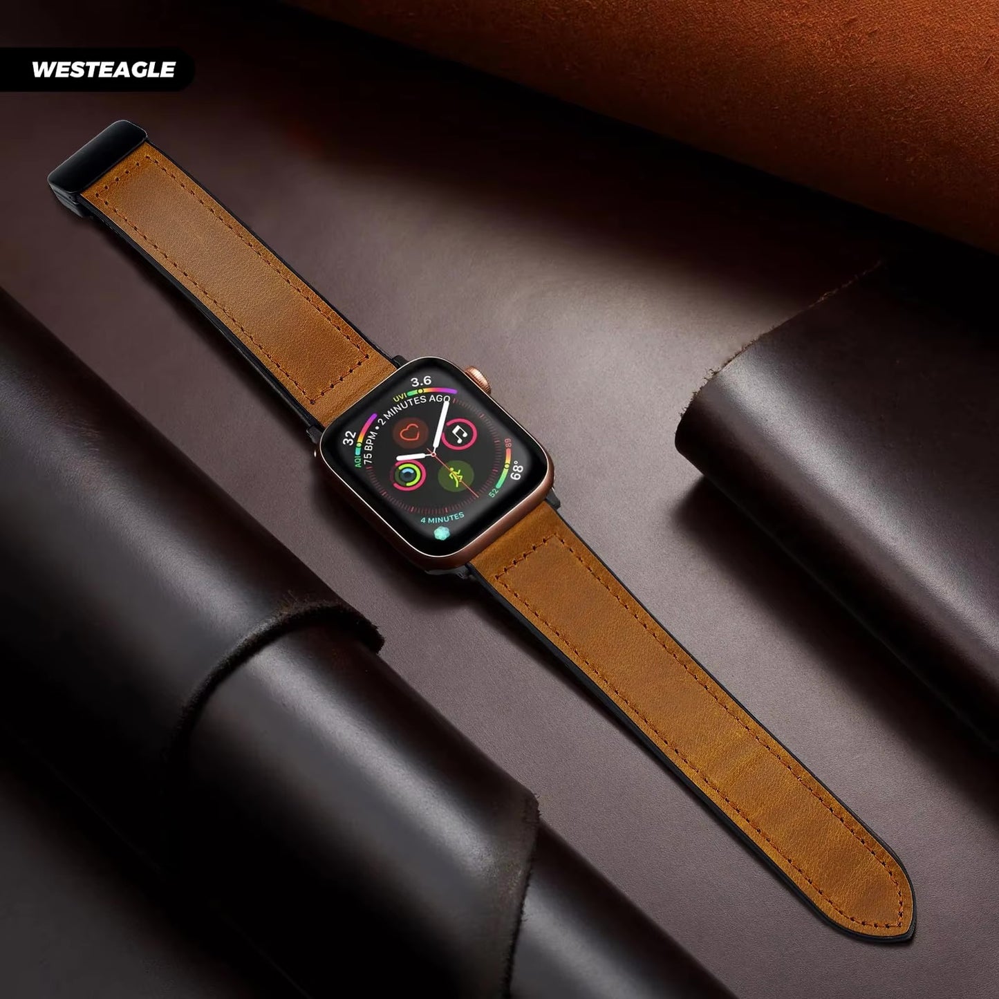 Magnetic leather band strap for Apple Watch 42-49mm in army green, designed for secure fit and stylish look.