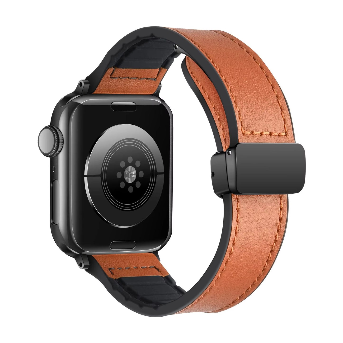 Magnetic leather band strap for Apple Watch 42-49mm in army green, compatible with 42/44/45/46/49mm Apple Watch models.