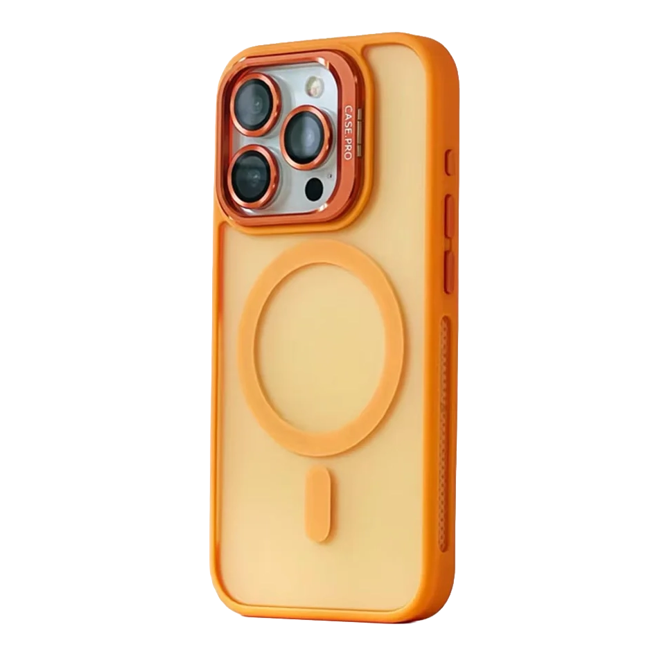 Orange Magic Mask Luxury Magsafe lens protector holder case for iPhone 14 Pro Max with sleek design and secure attachment.