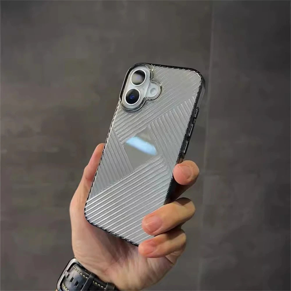 Luxury Geometric Corrugated Pattern Anti-Slip Case for iPhone 16 - Smoke Black