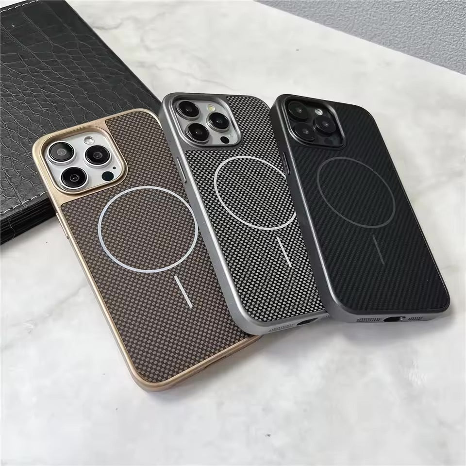 Carbon Fiber Textured Magnetic Phone Case For iPhone 15 Pro Max - Black