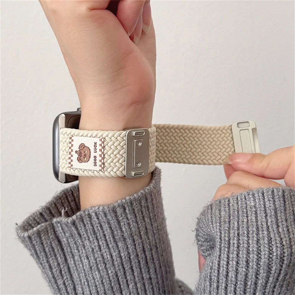 Cartoon Bear Braid Nylon Magnetic Buckle Strap for Apple Watch 42/44/45/46/49 mm