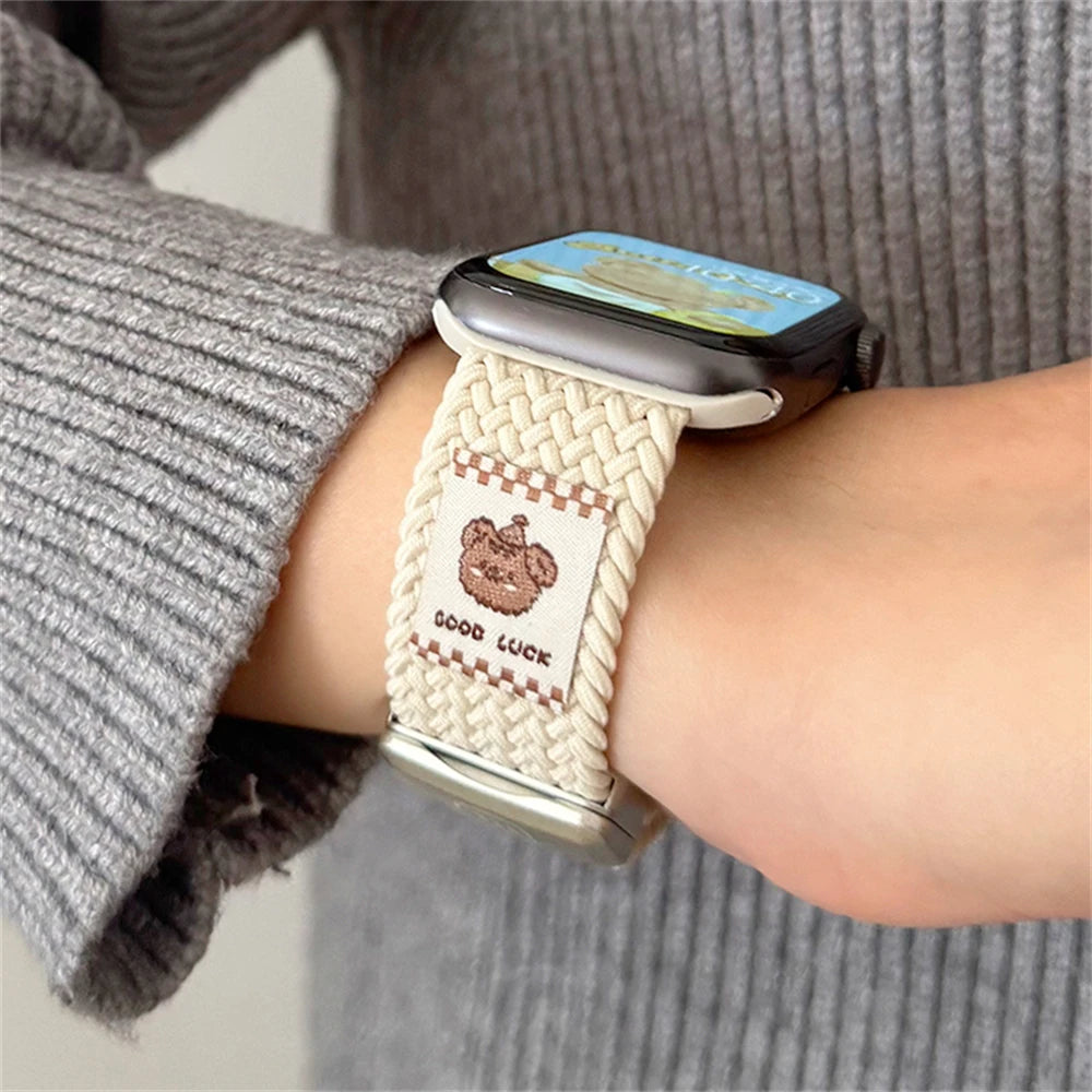 Cartoon Bear Braid Nylon Magnetic Buckle Strap for Apple Watch 42/44/45/46/49 mm