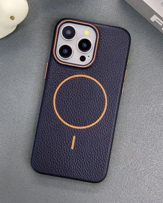 Macaron Leather Matte Magnetic Case for iPhone 15 Series - Navy/Orange
