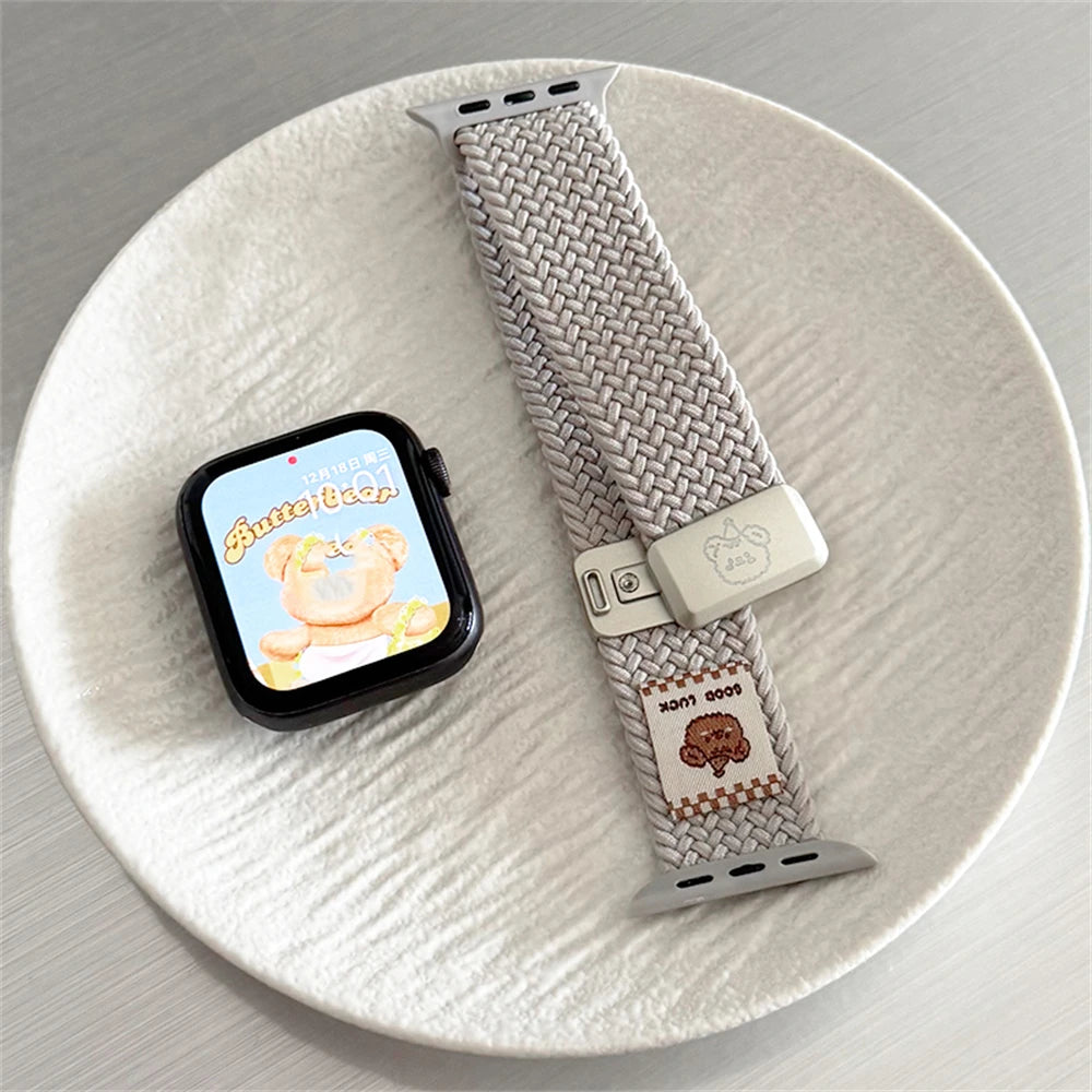 Cartoon Bear Braid Nylon Magnetic Buckle Strap for Apple Watch 42/44/45/46/49 mm