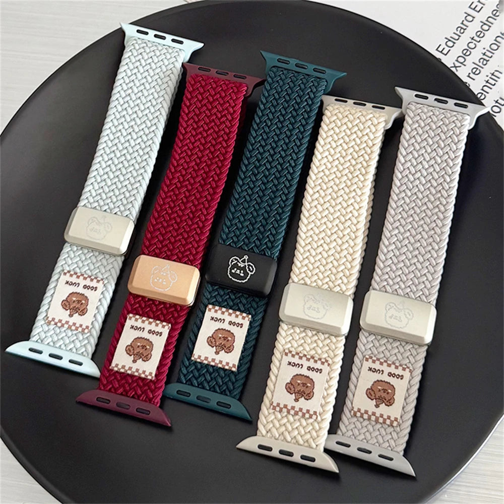 Cartoon Bear Braid Nylon Magnetic Buckle Strap for Apple Watch 42/44/45/46/49 mm