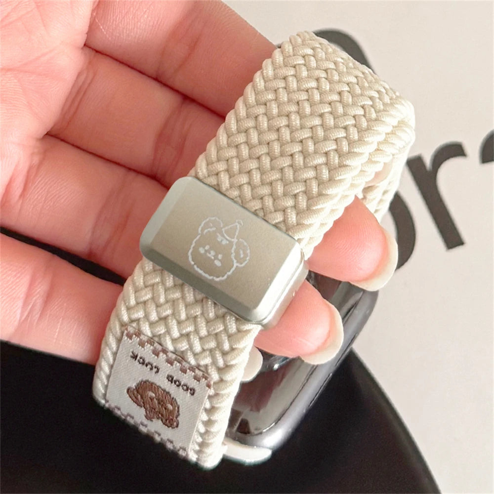 Cartoon Bear Braid Nylon Magnetic Buckle Strap for Apple Watch 42/44/45/46/49 mm