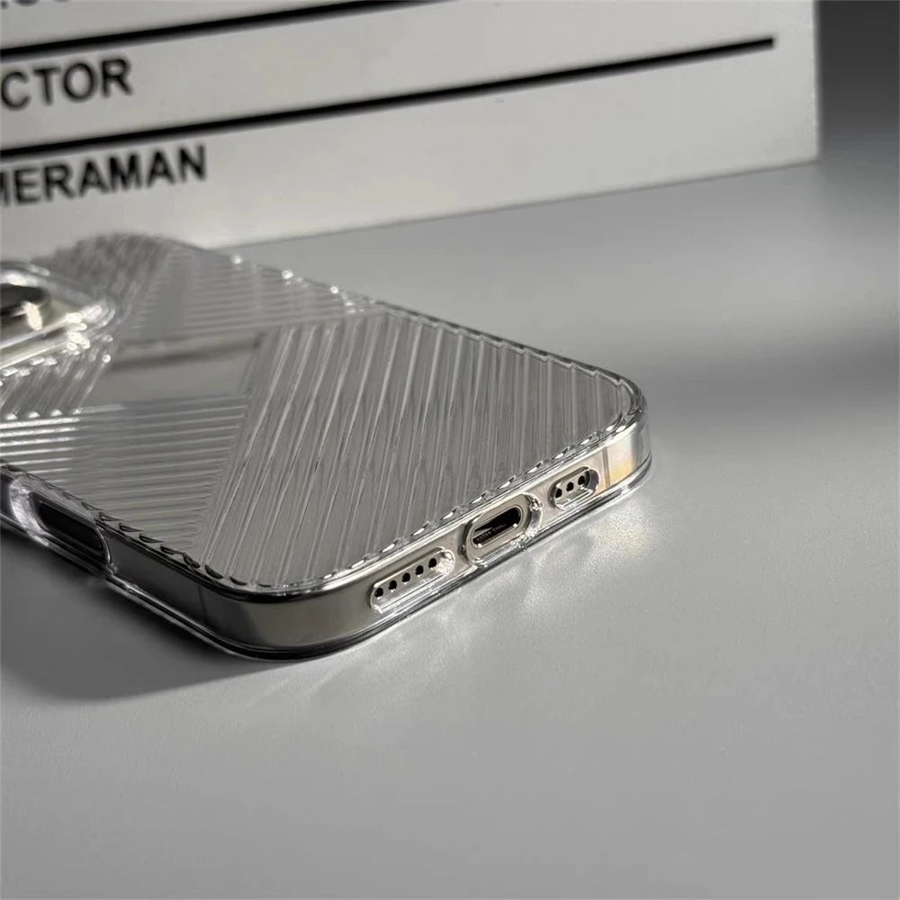 Luxury Geometric Corrugated Pattern Anti-Slip Case for iPhone 16 - Smoke Black