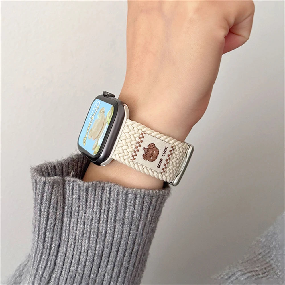 Cartoon Bear Braid Nylon Magnetic Buckle Strap for Apple Watch 42/44/45/46/49 mm