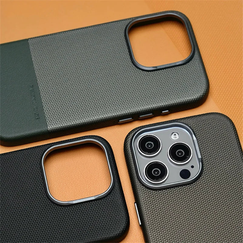 Luxury Alloy Lens MagSafe Leather Case for iPhone 16 Pro Max - Black