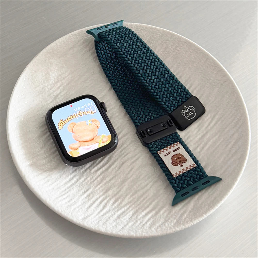 Cartoon Bear Braid Nylon Magnetic Buckle Strap for Apple Watch 42/44/45/46/49 mm