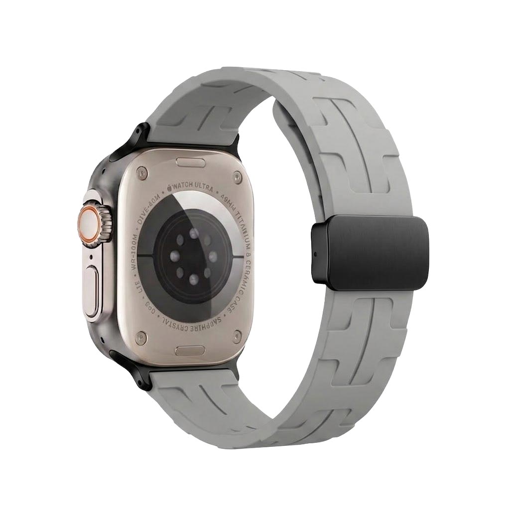 Magnetic silicone watch strap for Apple Watch 42mm to 49mm, TecHub case with adjustable magnetic closure.