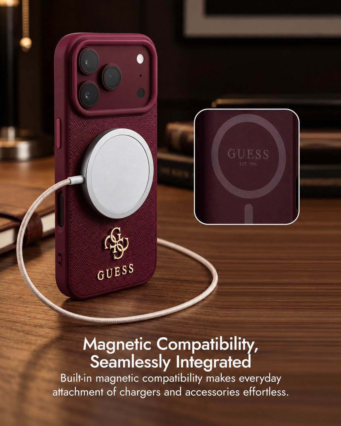 TecHub Guess Magsafe iPhone 17/18 Pro Max hard case with burgundy Saffiano PU stripe and logo, protective phone accessory.