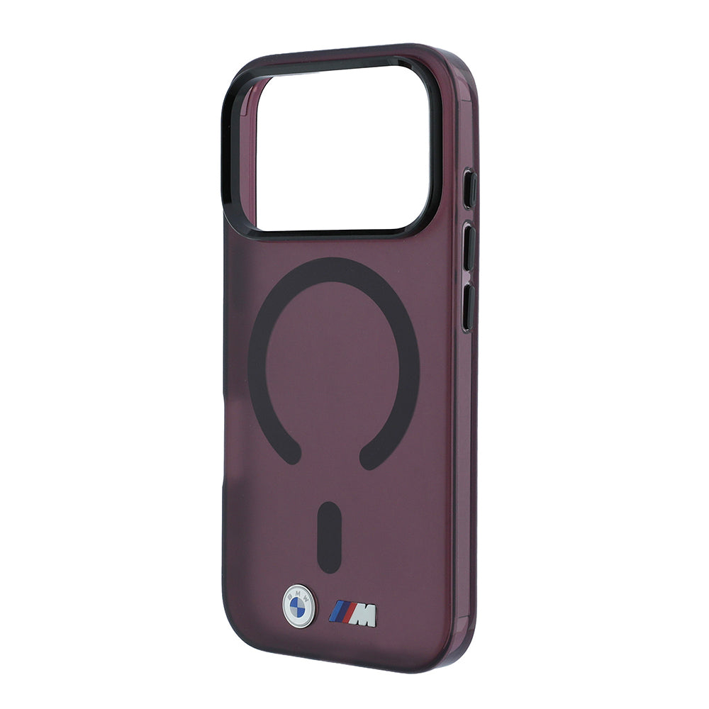 BMW Original Licensed MagSafe Case Metal Button Design, Frosted IML Printed Cover for iPhone 17/18 Pro Max - Burgundy