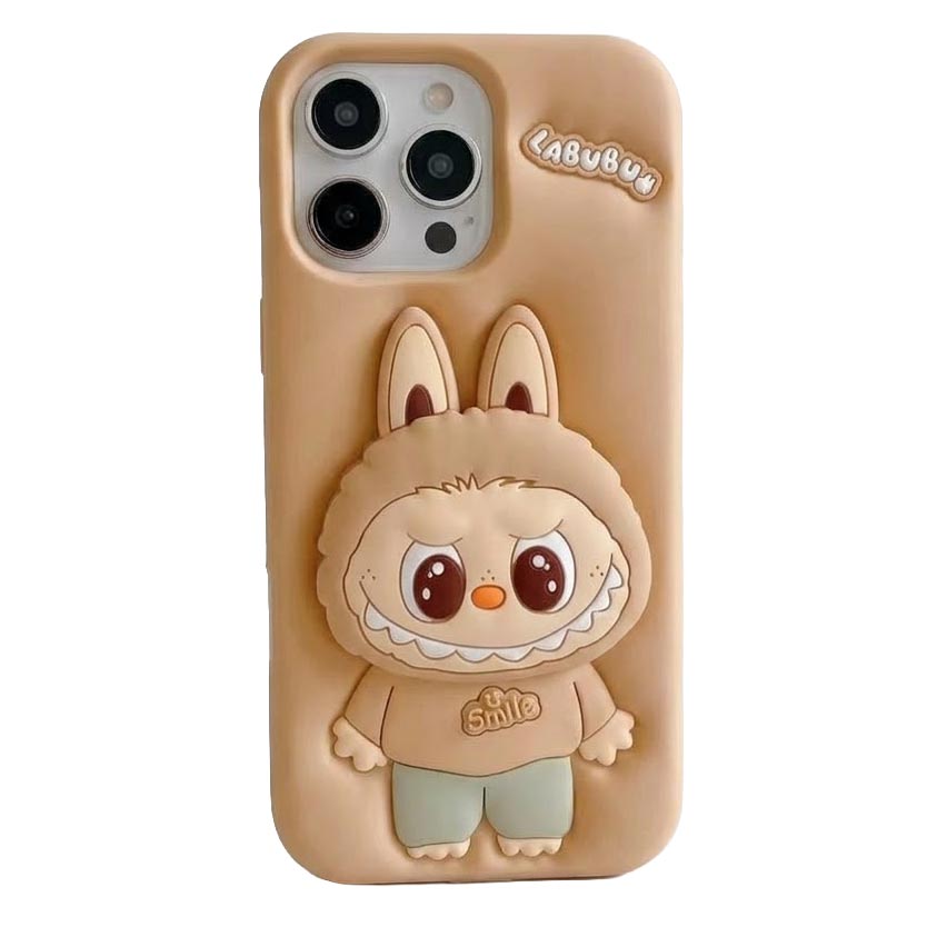 Light brown Labubu 3D cartoon silicone iPhone 15 case with hand stand from TecHub, featuring a playful character design.