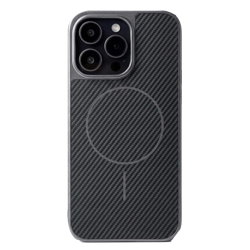 Black TecHub carbon fiber textured magnetic phone case for iPhone 15 Pro Max, showing the sleek, durable design and magnetic closure.