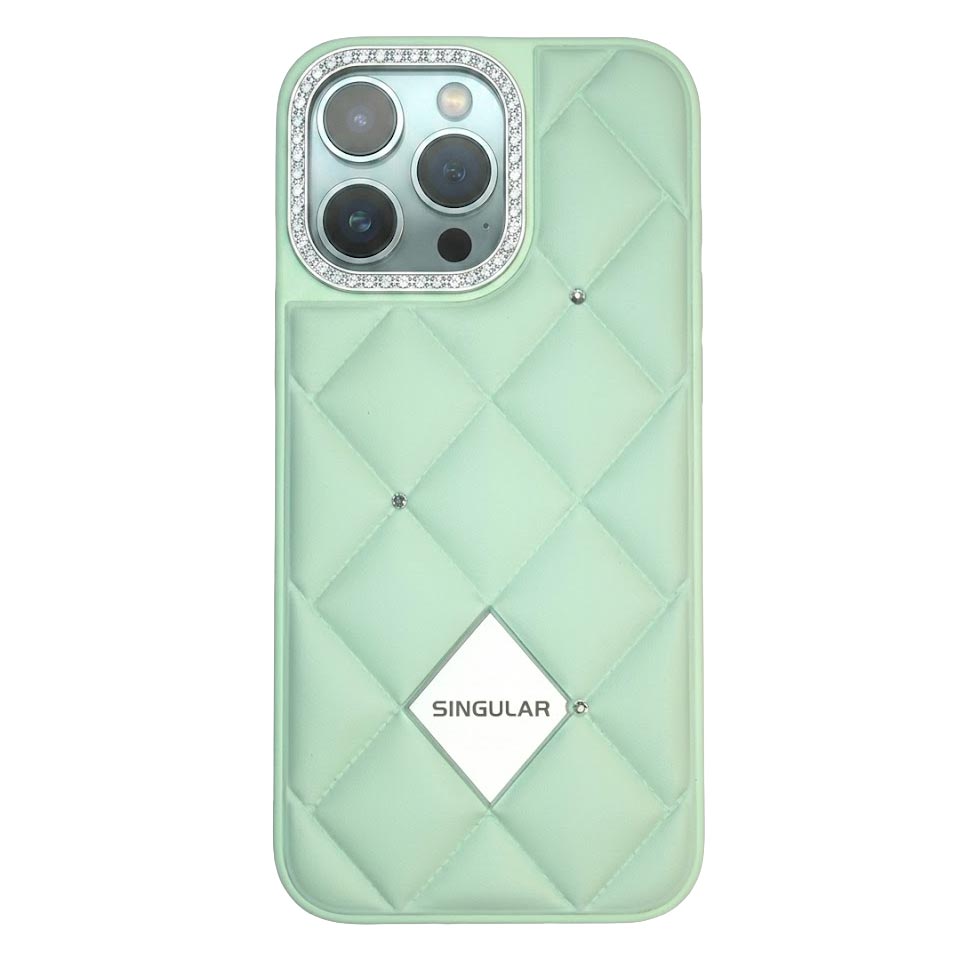 Green TecHub leather case with diamond pattern for iPhone 16 Pro Max, featuring textured design and precise cutouts.