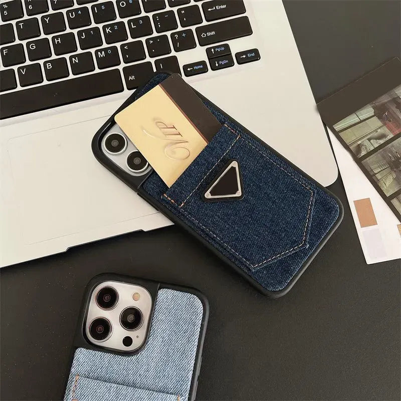 Prada Luxury Designer Jeans Style Case for iPhone 14 Pro Max - Blue